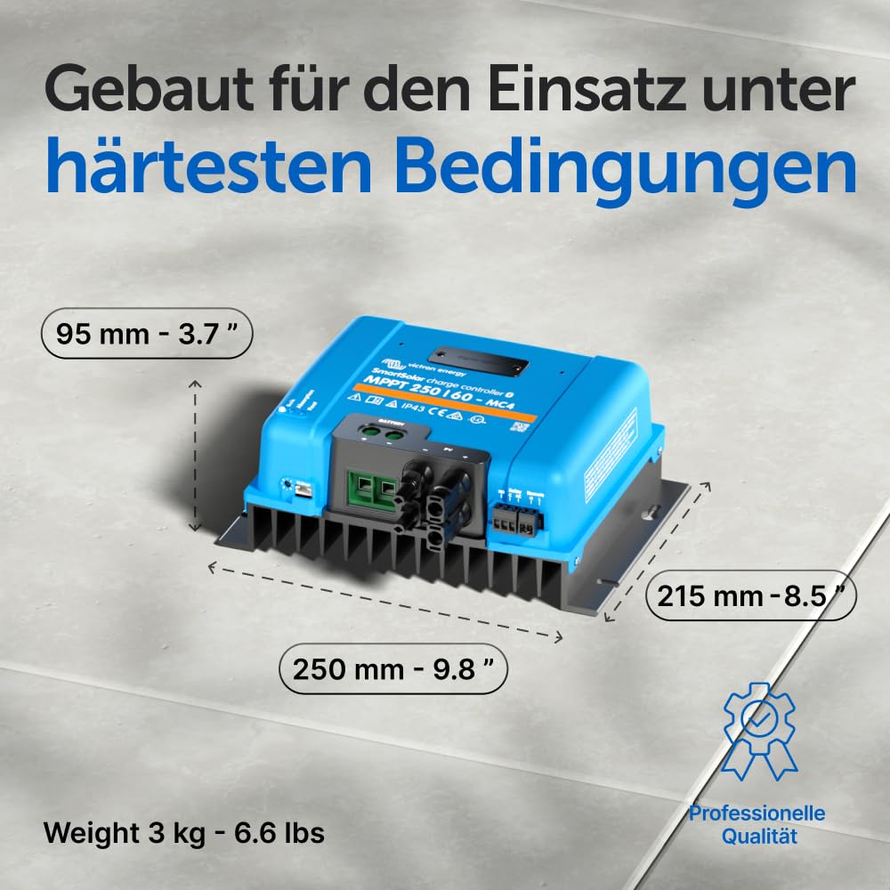 Victron Energy SmartSolar MPPT MC4 250V 60 Amp 12/24/36/48-Volt Solar Laderegler (Bluetooth) | Bluetooth MPPT Solarladeregler für Solarmodule mit MC4 Anschluss