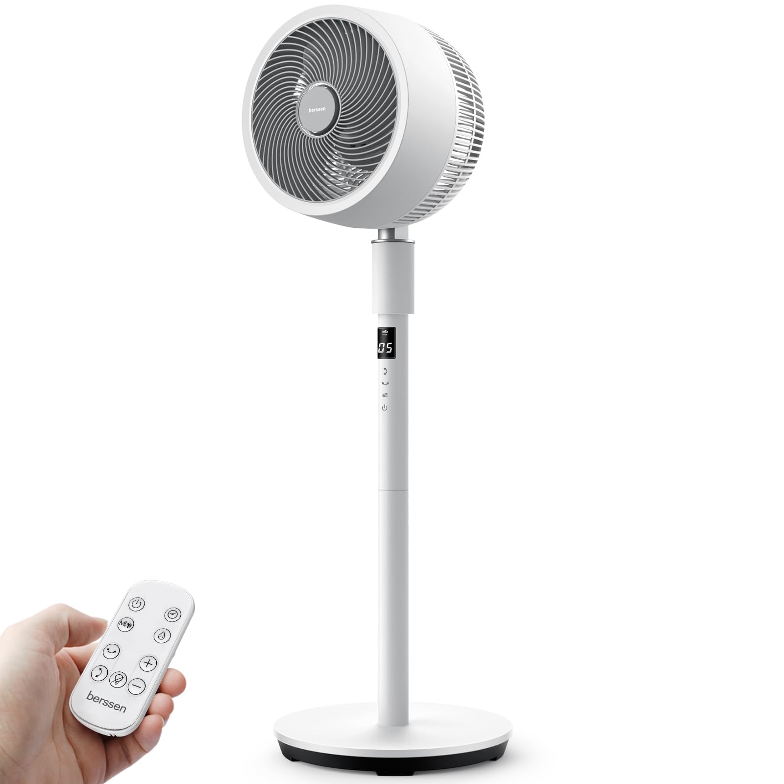 berssen Ventilateur sur Pied Silencieux Moteur DC 25dB Ventilateur de Circulation d'air, Oscillant 3D à 13 Vitesses 12h Minuterie, avec Panneau Tactile et Télécommande, Pour Bureau à Domicile