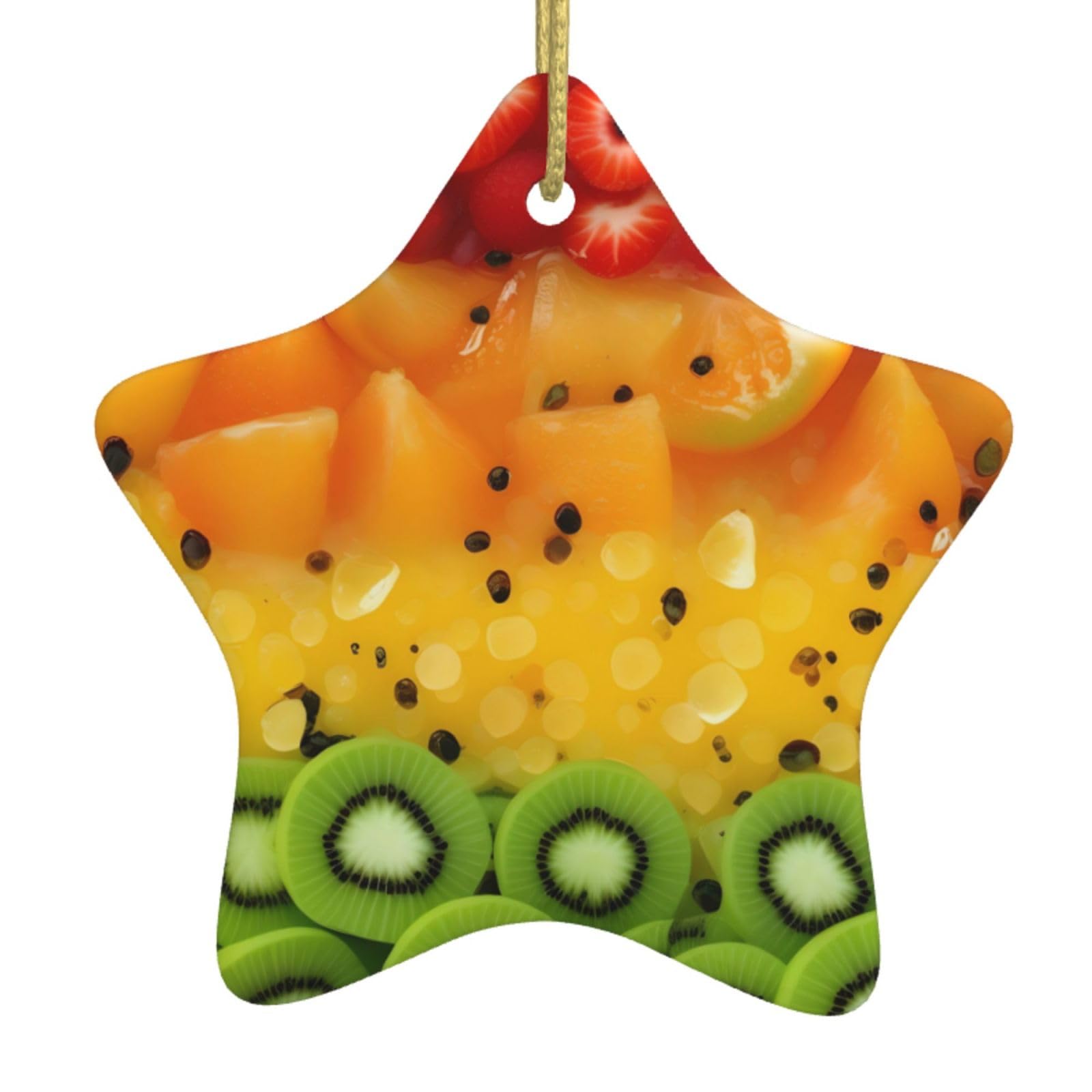 Fresh Fruit Christmas Ceramic Star Pendant with Punched Holes and Gold Wire Rope, Christmas Tree Home Decoration