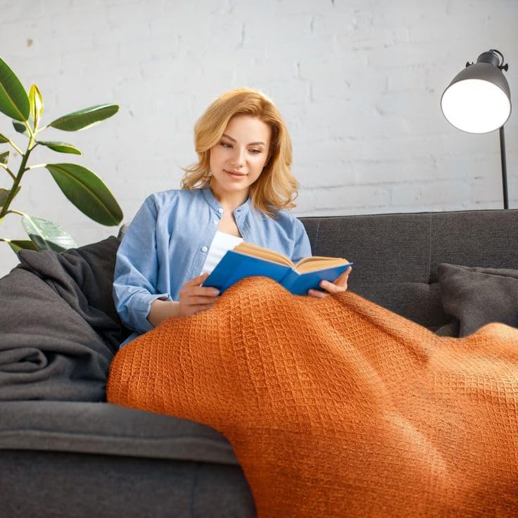 Tarantaran Cotton Waffle Knit Throw Blanket, 127x178 cm, Orange with Decorative Tassels, Machine Washable | Pack of 1 | Orange |-image-9