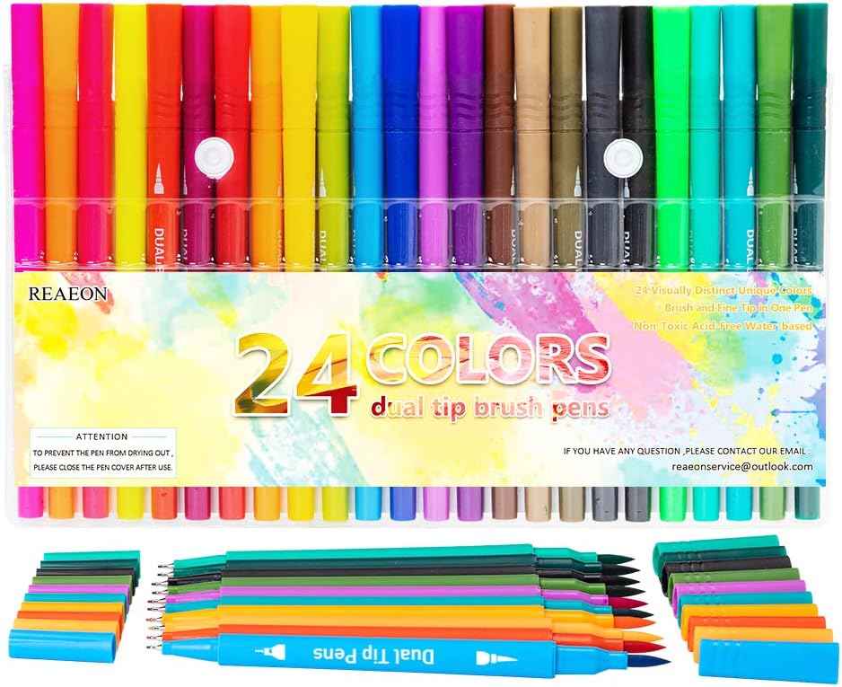 Dual Tip Brush Pen Art Markers, Calligraphy Brush Pens for Lettering, 24 Pack Brush and Fine Tip Markers for Coloring Books Sketching Bullet Journaling