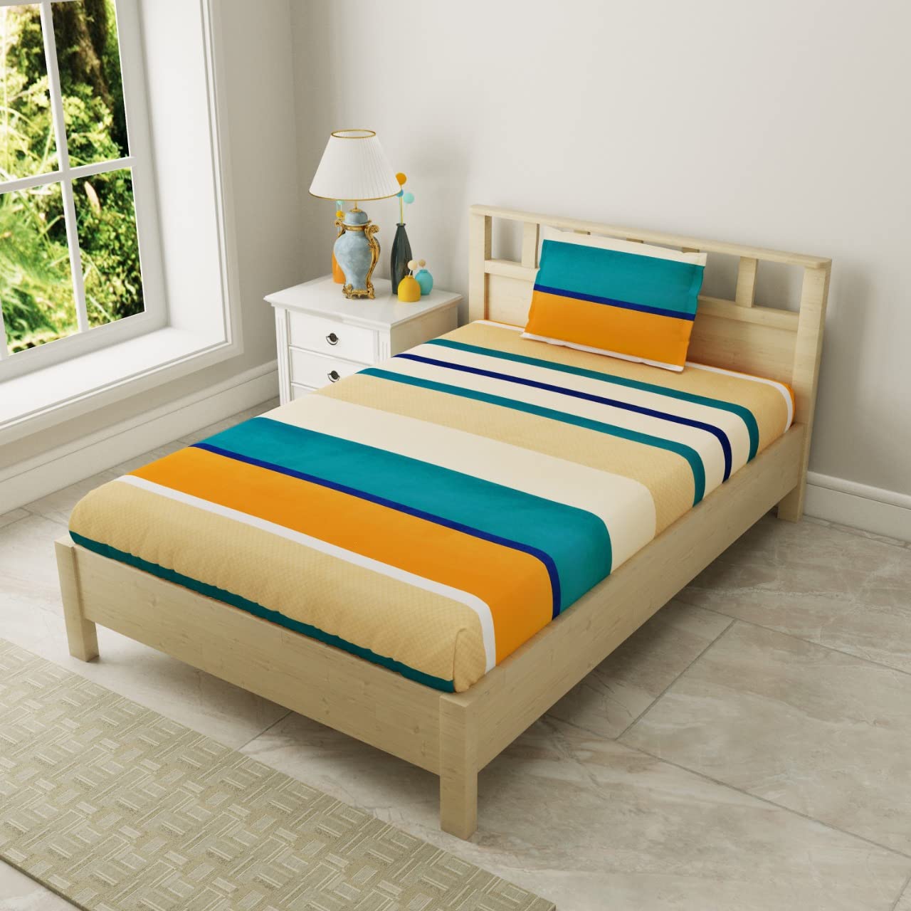 FEATHER SOFT Single Bed Sheet Set with One Pillow Cover Multicolor-Strips