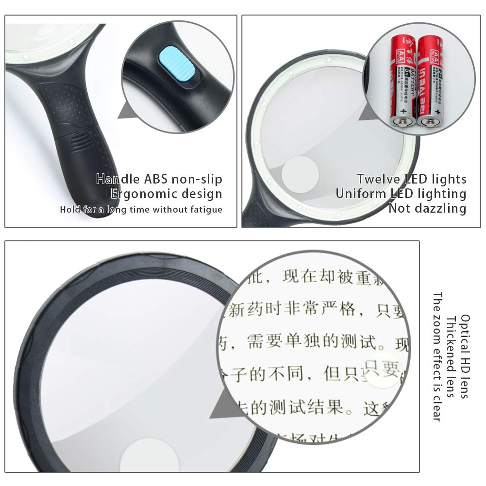 Ręczna lupa o dużej powierzchni 138 mm - z 10 diodami LED, powiększeniem 1,8 x i 5-krotnym, idealne pomoce dla słabowidzących, ultralekkie, przenośne narzędzia do eksploracji i czytania dla