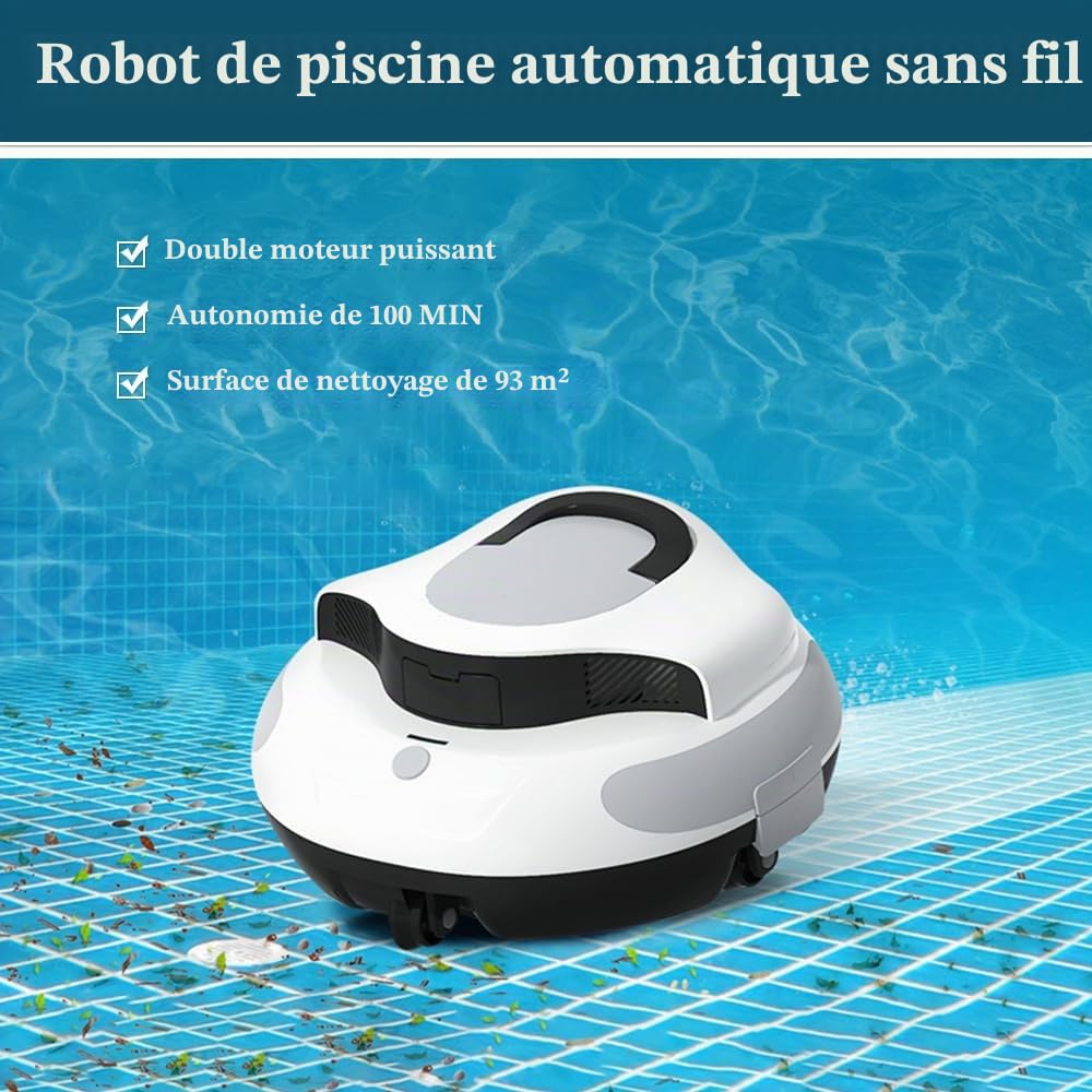 Robot Piscine sans Fil 100 Minutes D'autonomie, Aspirateur de Piscine Entièrement Automatique pour Piscines Hors-Sol et Encastrées Jusqu'à 90m²,Nettoyage du Fond,Fonction de stationnement