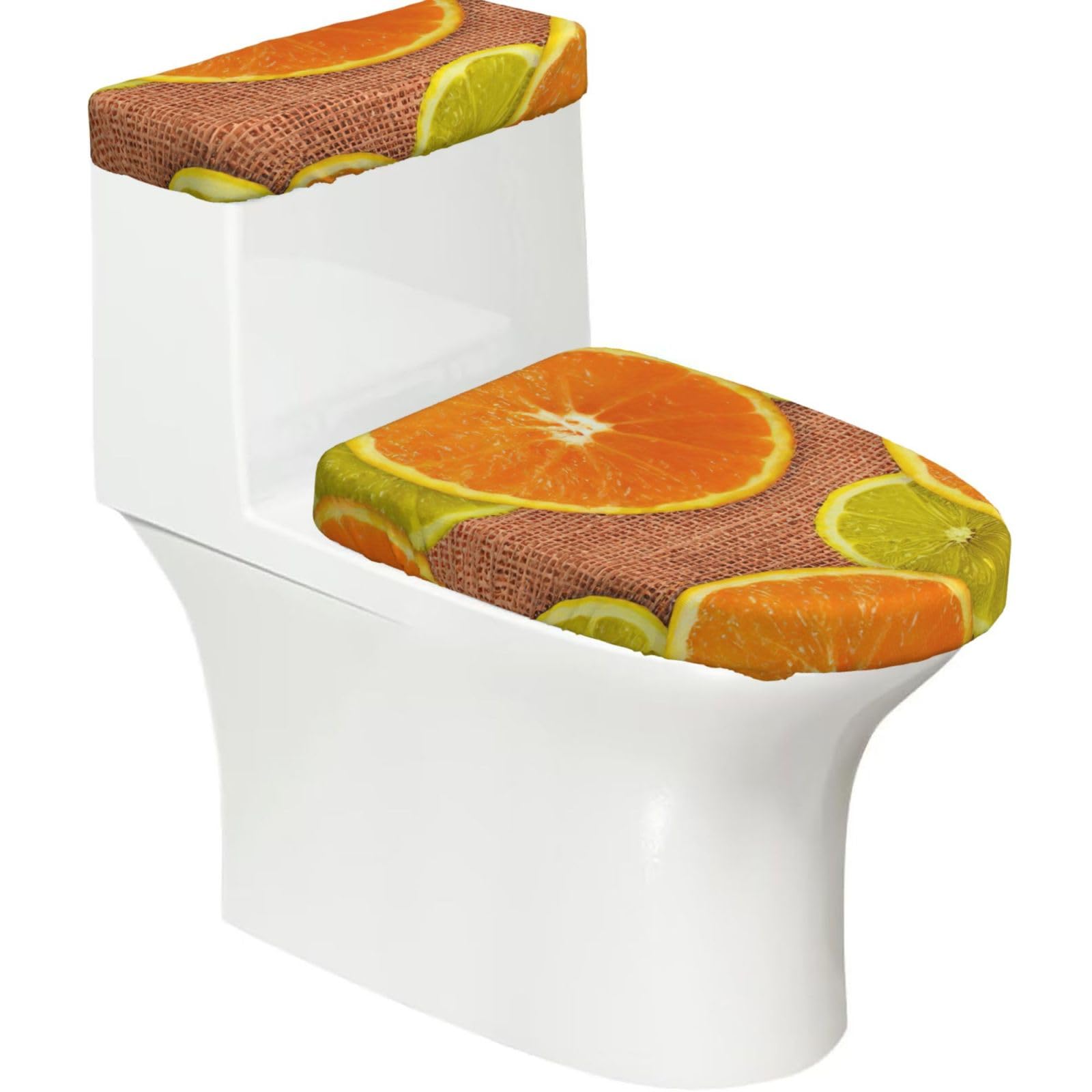 Lemons and Oranges Print 2-Piece Stretch Toilet Cover Set, Elastic Breathable Toilet Seat and Tank Lid Protector