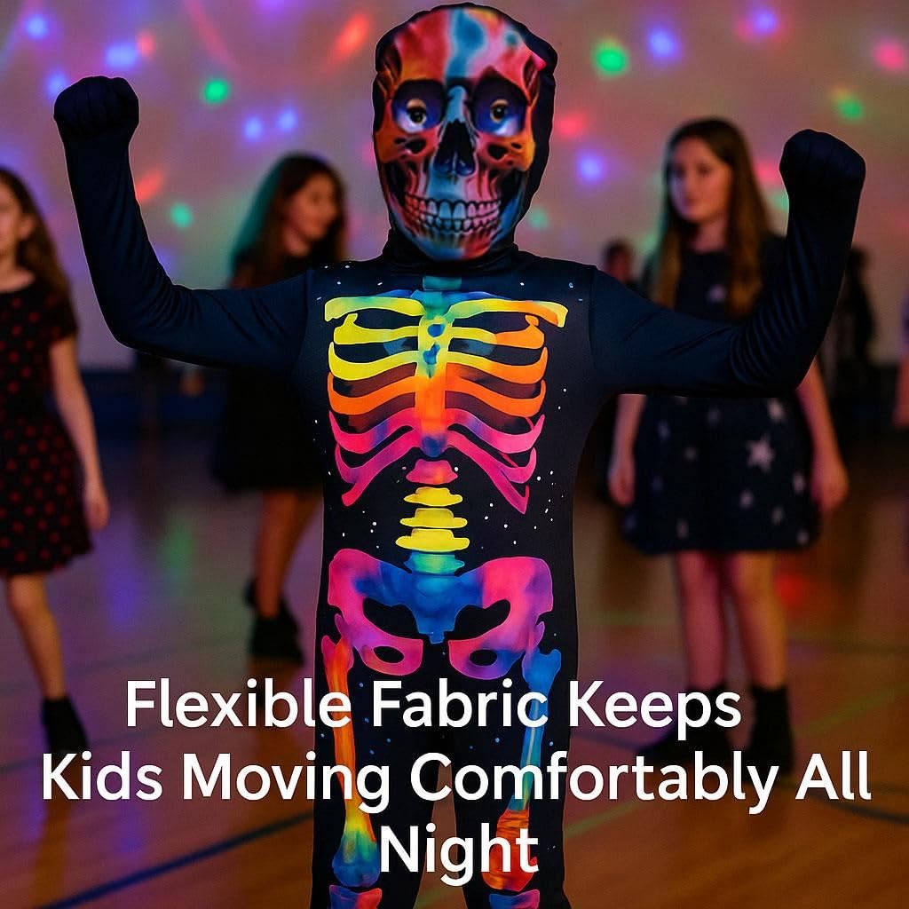 A2Z 4 Kids Kostium neonowego szkieletu dla chłopców i dziewczynek, na Halloween, fantazyjna sukienka z maską czaszki, czarny, świecący szkielet, jednoczęściowe body na imprezy typu cukierek albo