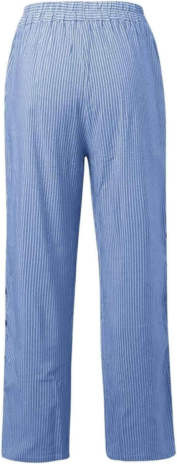 Cropped Linen Pants for Women Casual Straight Leg Elastic Waist Pants Stripe Print Beach Summer Pants with Pockets - Image 3
