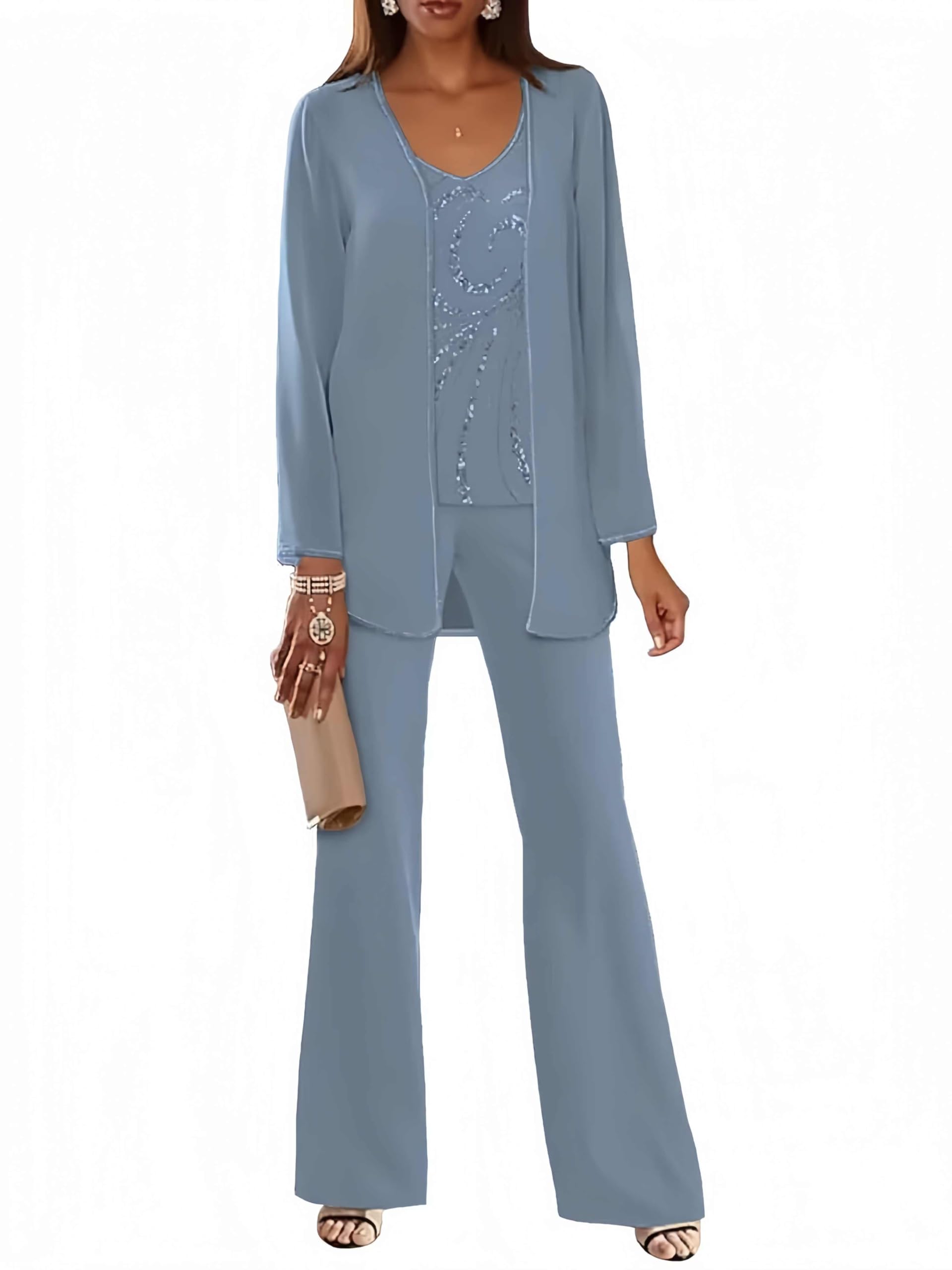 Womes Chiffon Mother of The Bride Pant Suits with Jacket Sequin 3 Pieces Formal Wedding Outfits