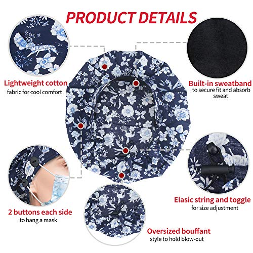 Image of ABAMERICA Bouffant Caps with Button and Sweatband, Adjustable Scrub Caps for Women Men, One Size Multi Color