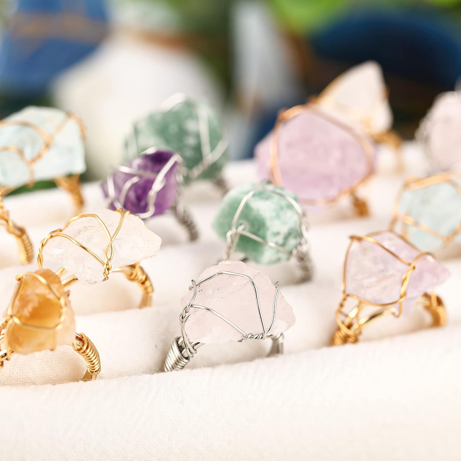 Sureio 8 Pieces Chakra Crystal Ring Healing Crystal Ring Adjustable Gemstone Rings Copper Wire Wrapped Irregular Colorful Gem Rings for Women(Silver and Gold Ring) - Image 5