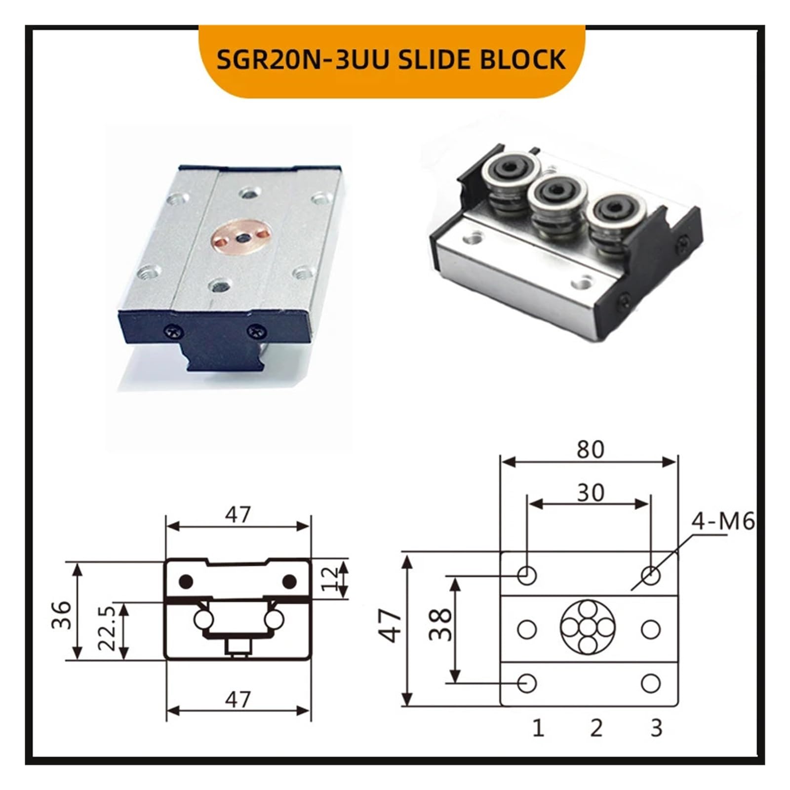 Carril lineal de doble eje incorporado, 47mm, SGR20N, 300~1400mm, deslizador rodillos, ruedas SGB20N, bloque deslizante rectangular for carpintería | SGB20N-3UU Block