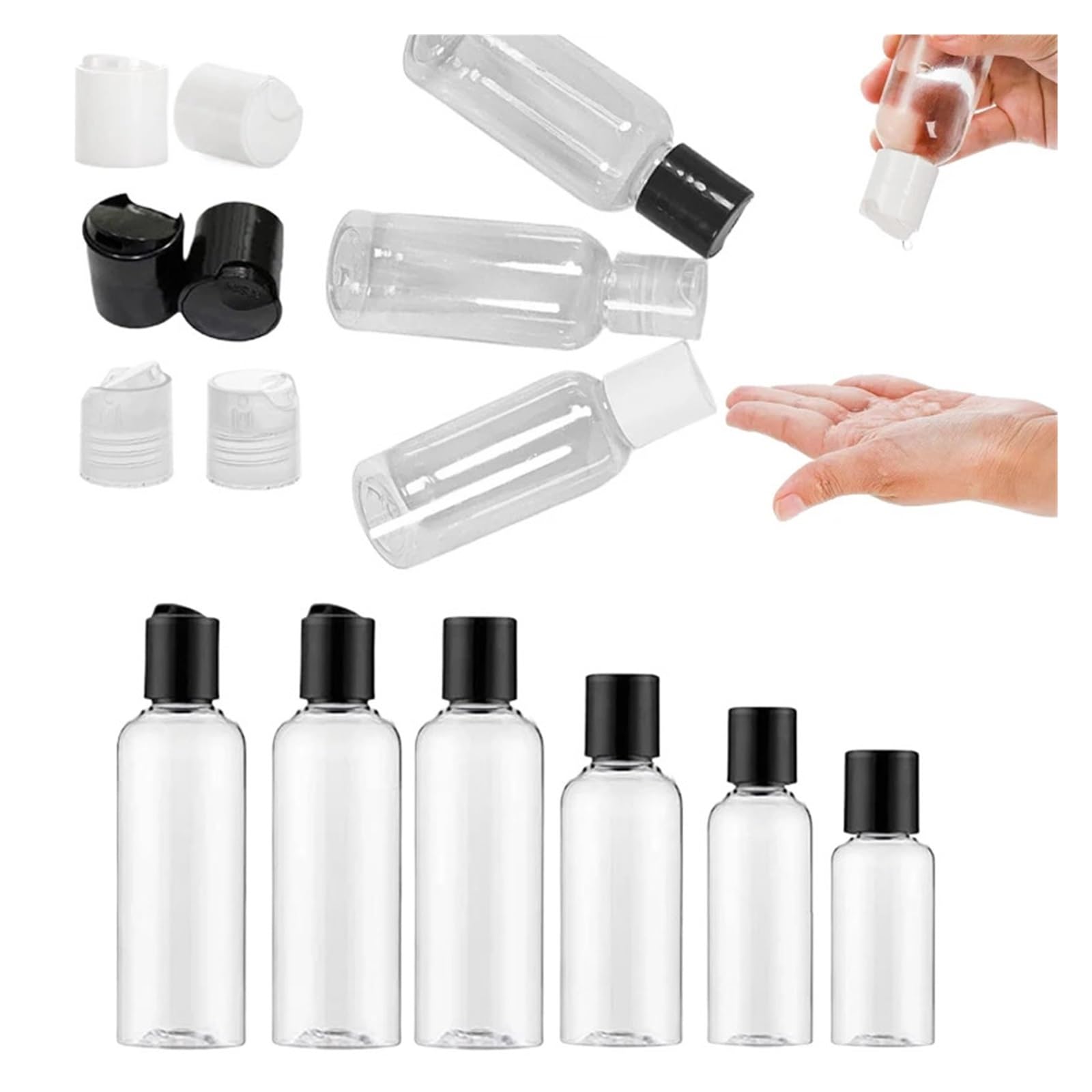 Rellenar Botella Cosmetica Vacio 10 botellas de plástico transparente de 30 ml a 100 ml con tapas abatibles con forma de disco, envases de viaje rellenables for cremas, champús y lociones For Travel,