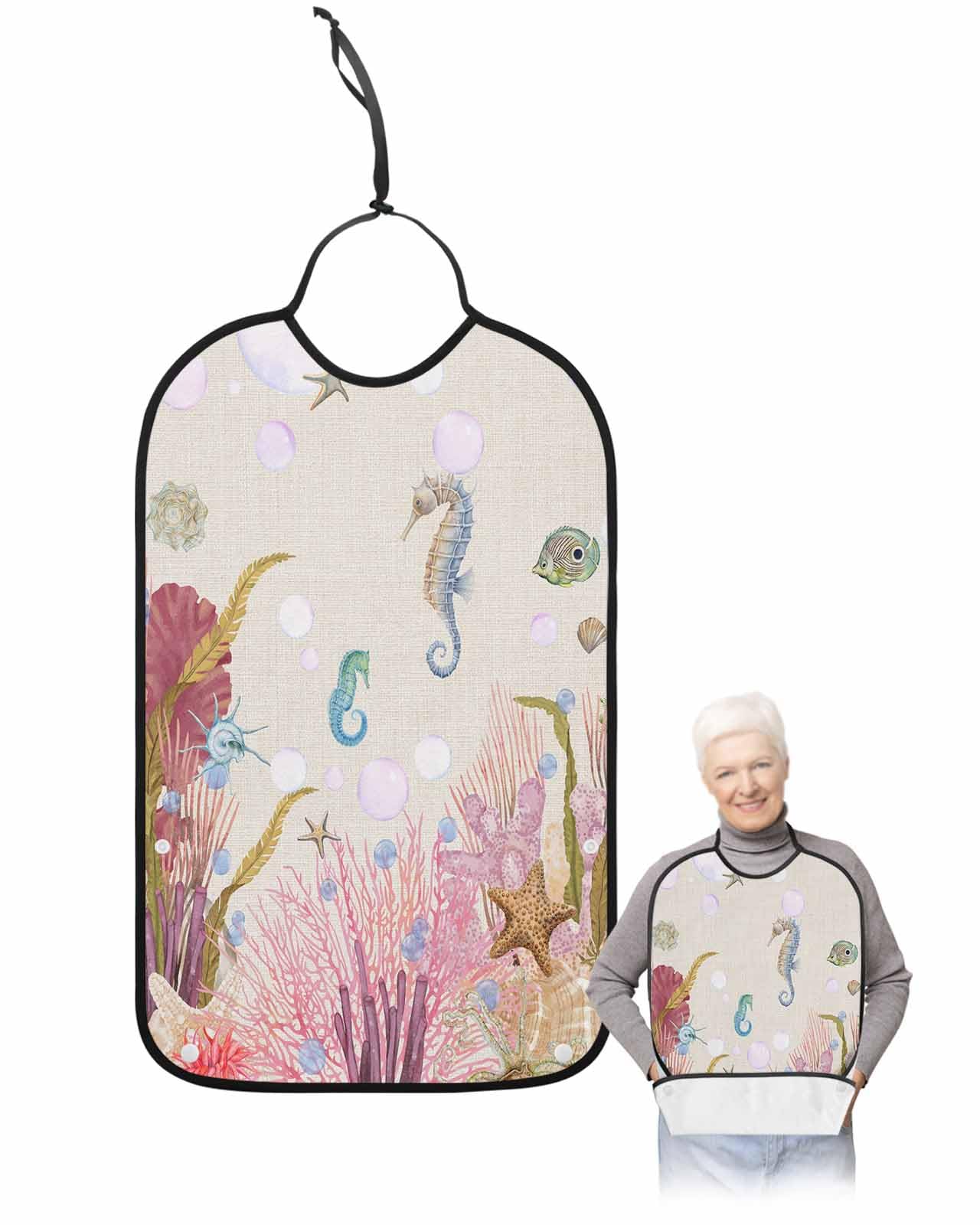LEOKOTI Pink Coastal Adult Bibs for Eating, Waterproof Bibs with Food Catcher & Adjustable Snap Closure, Summer Beach Nautical Coral Seaside Rustic Washable Clothing Protectors Adult Bibs for Elderly