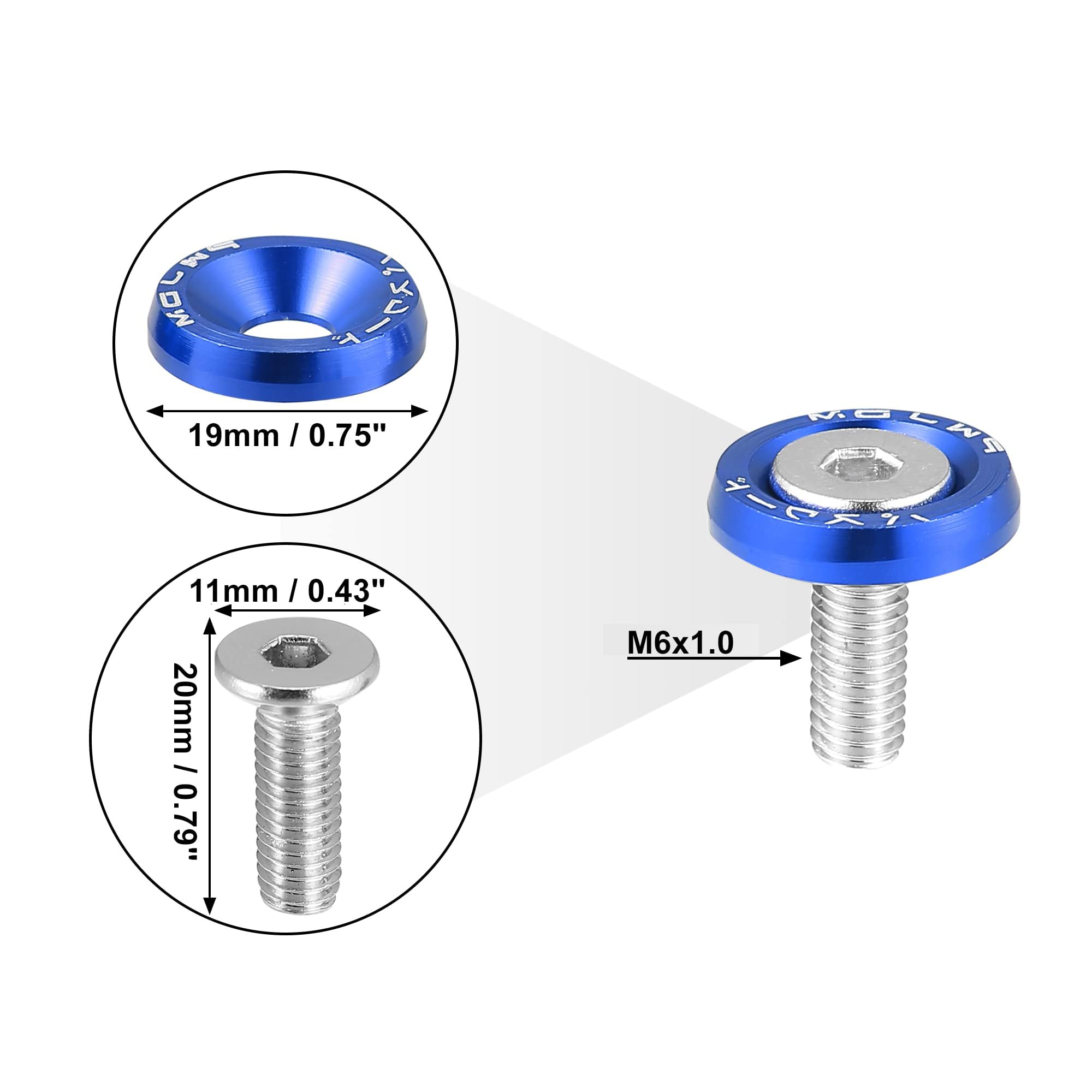 10pcs Fender Rondella Paraurti Rondella M6 Bulloni Motore Bay Dress Up Kit Alluminio Blu 1996-2023