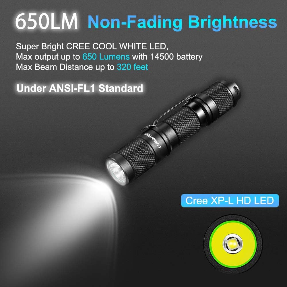 LUMINTOP Pocket-Sized Super Bright Flashlight Set Tool AA 2.0 EDC Flashlight with Magnetic Tail and 920mah Rechargeable Battery, 650 Lumens, 5 Modes with Mode Memory, Waterproof Torch for Camping - 