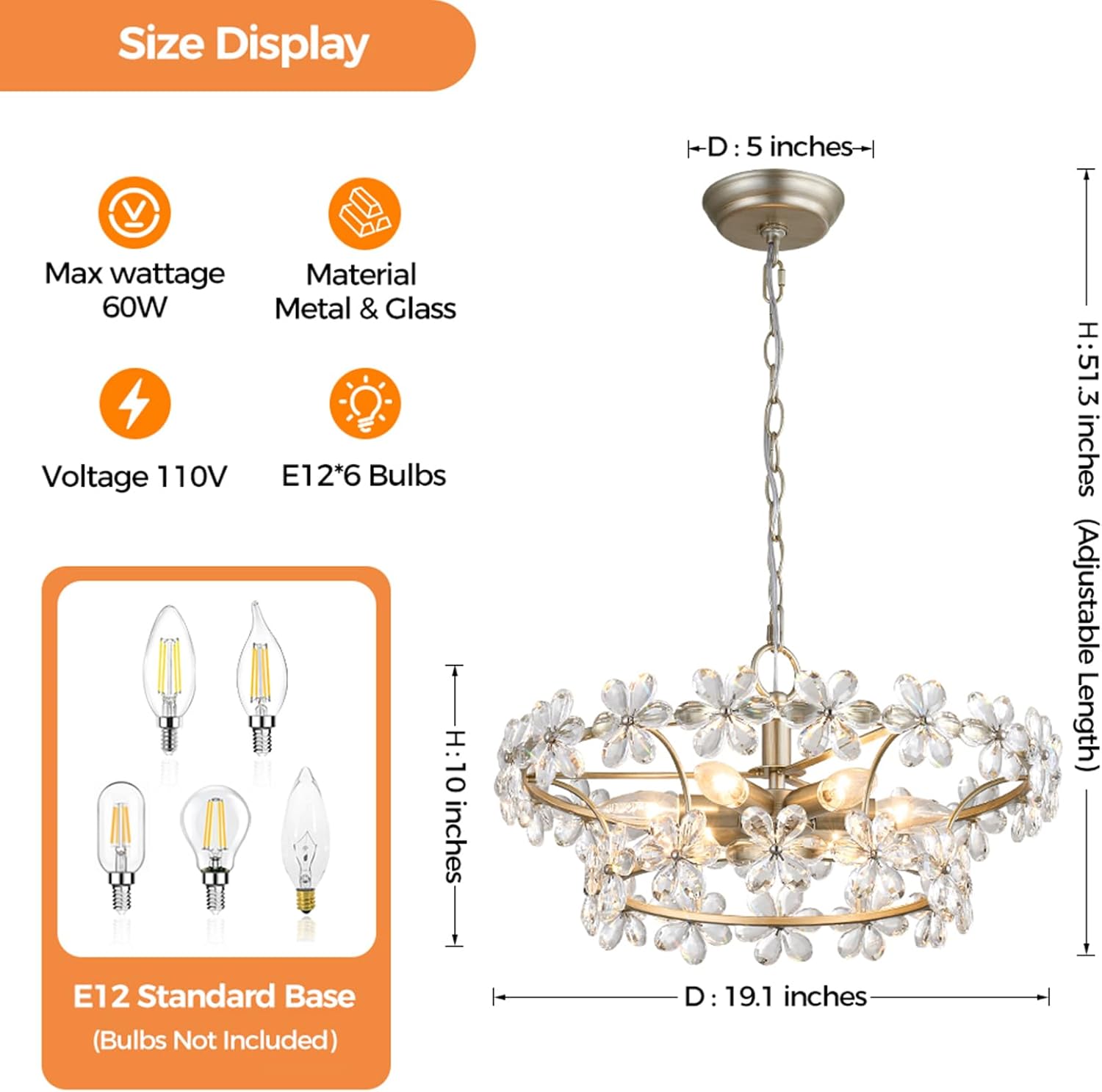 D19.1*H10 Inches Modern Floral Crystal Chandelier, 6-Light Flower Pendant Light with Adjustable Chain, Ceiling Light Fixture for Dining Room, Living Room, Bedroom, Foyer, Entryway