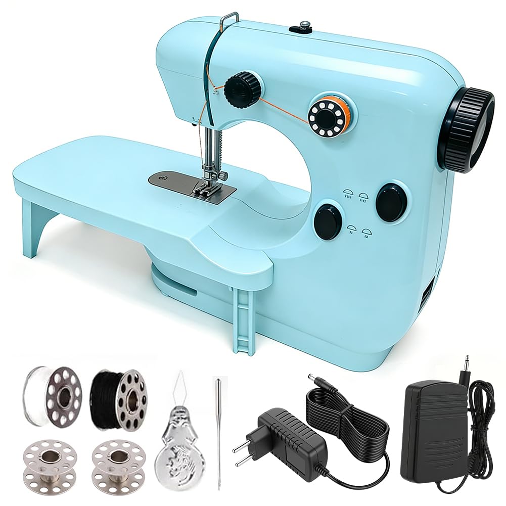 Mini Macchina da Cucire per Bambini, Portatile a Doppia Velocità con Tavolo di Espansione e Luce, Facile da Usare, Blu, Plastica