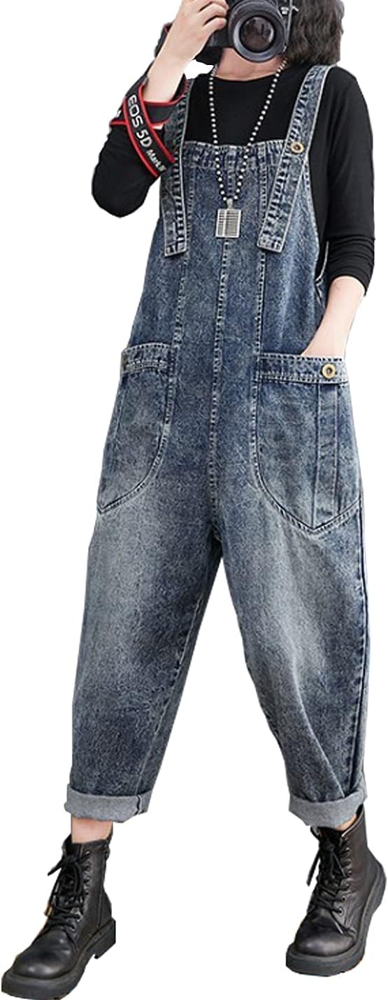 Women's Loose Baggy Denim Overalls Casual Vintage Adjustable Straps Stretch Bib Jumpsuit Rompers Harem Pants