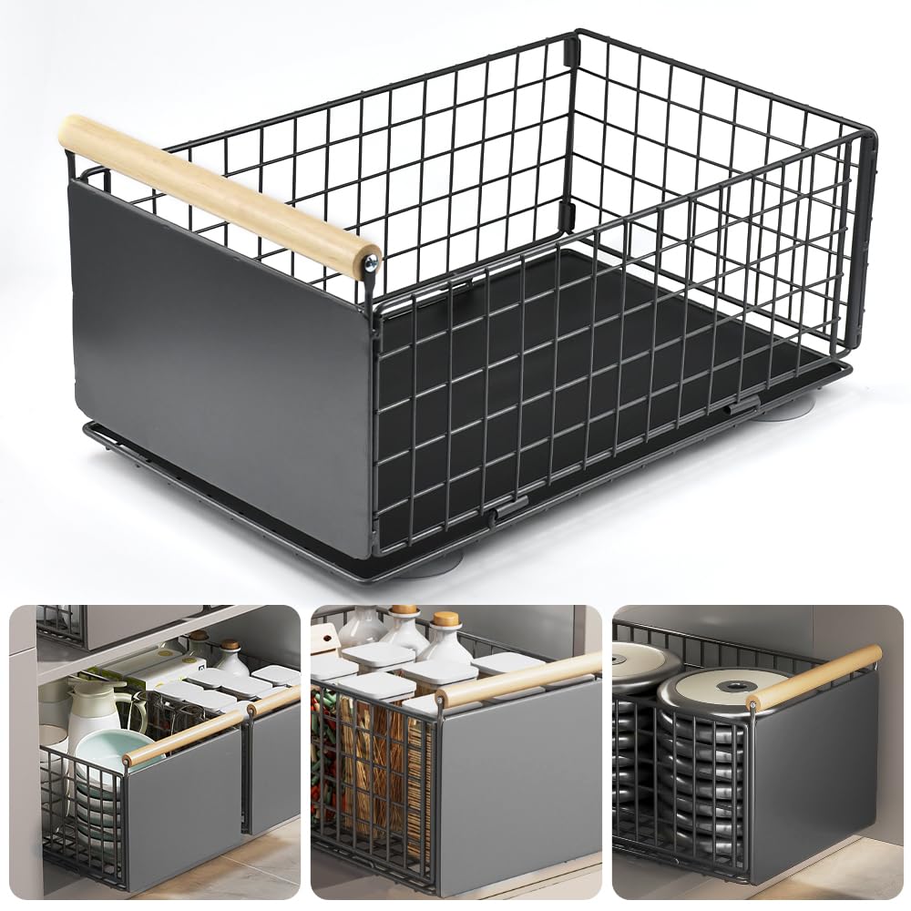 Organizador de gabinete extraíble, cajón de almacenamiento de cocina con asas de madera, cajón deslizante extensible resistente con nano película adhesiva sin taladro (39,5 x 23,5 x 19,5 cm,