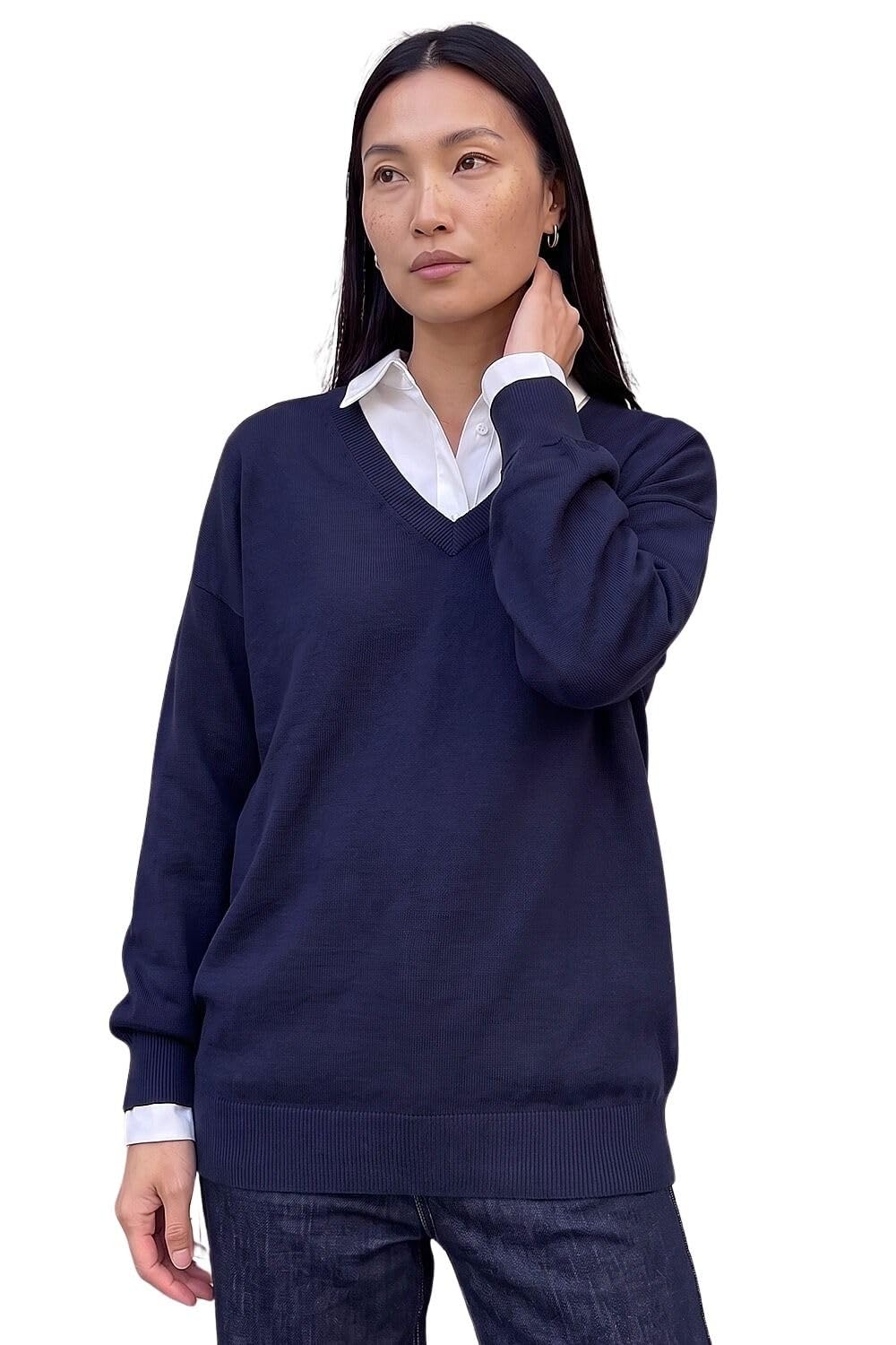 Roman Women's Navy Plain Stretch V-Neck Longline Jumper Size 14
