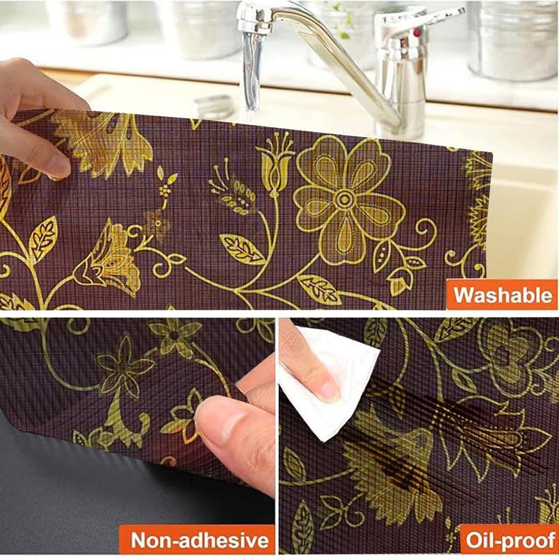Image of Anti-Slip Kitchen Shelf Liner - 20 Meter Roll, Waterproof Multipurpose Mat for Fridge, Cabinet, Drawer, Trolley & Bathroom - Easy to Cut Floral Blue Print (Brown)