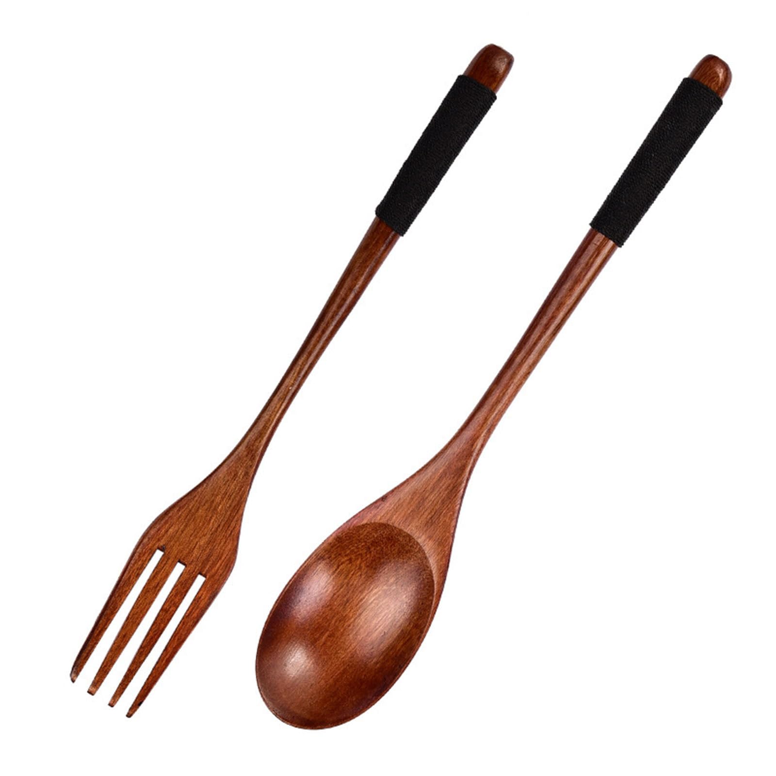 Uqezagpa Japanese Styles Long Handle Wooden Spoon and Fork Kitchenwares Set Portable Sturdy Utensils for Soup Serving Cooking Tool Japanese Long Handle Wooden Spoon Fork Set