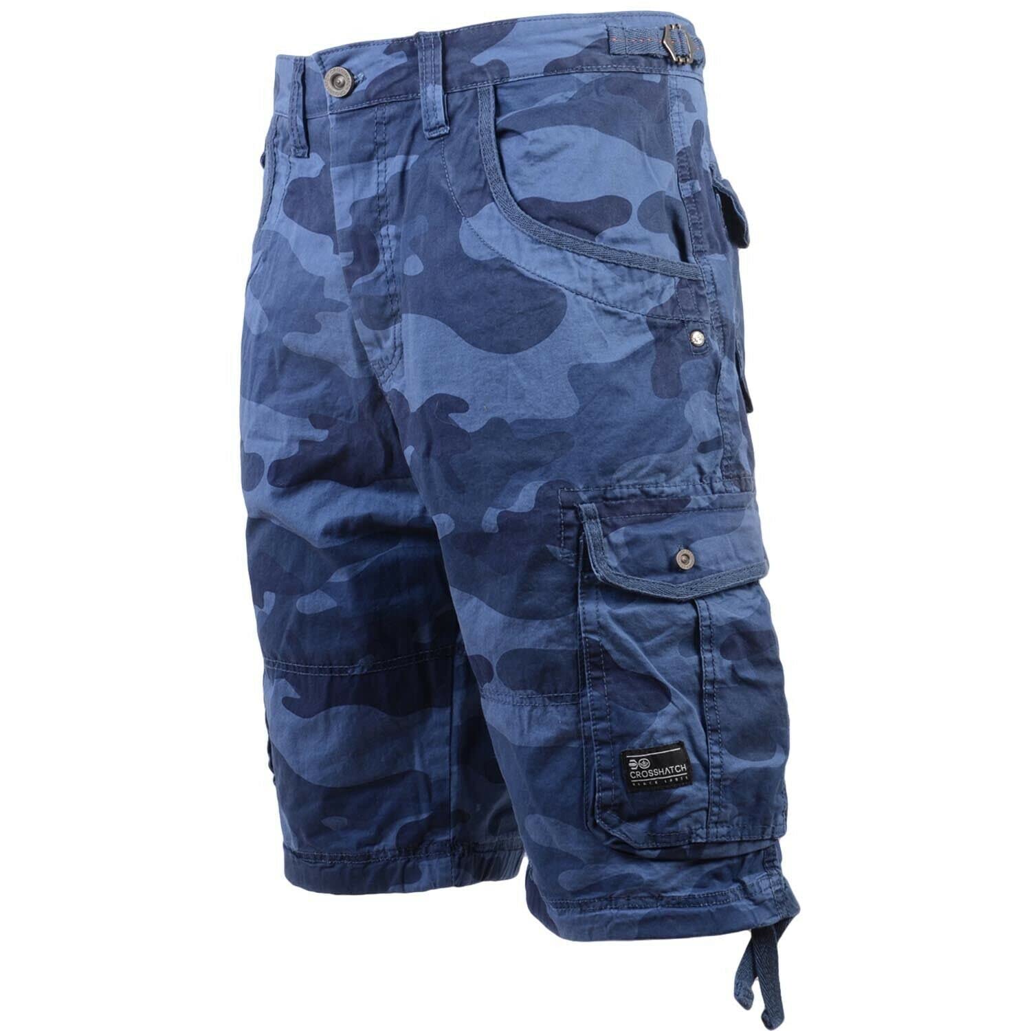 Crosshatch New Mens Army Camouflage Knee Length Combat Cargo Jeans Holiday Summer Shorts by Jeanbase Blue Camo 30