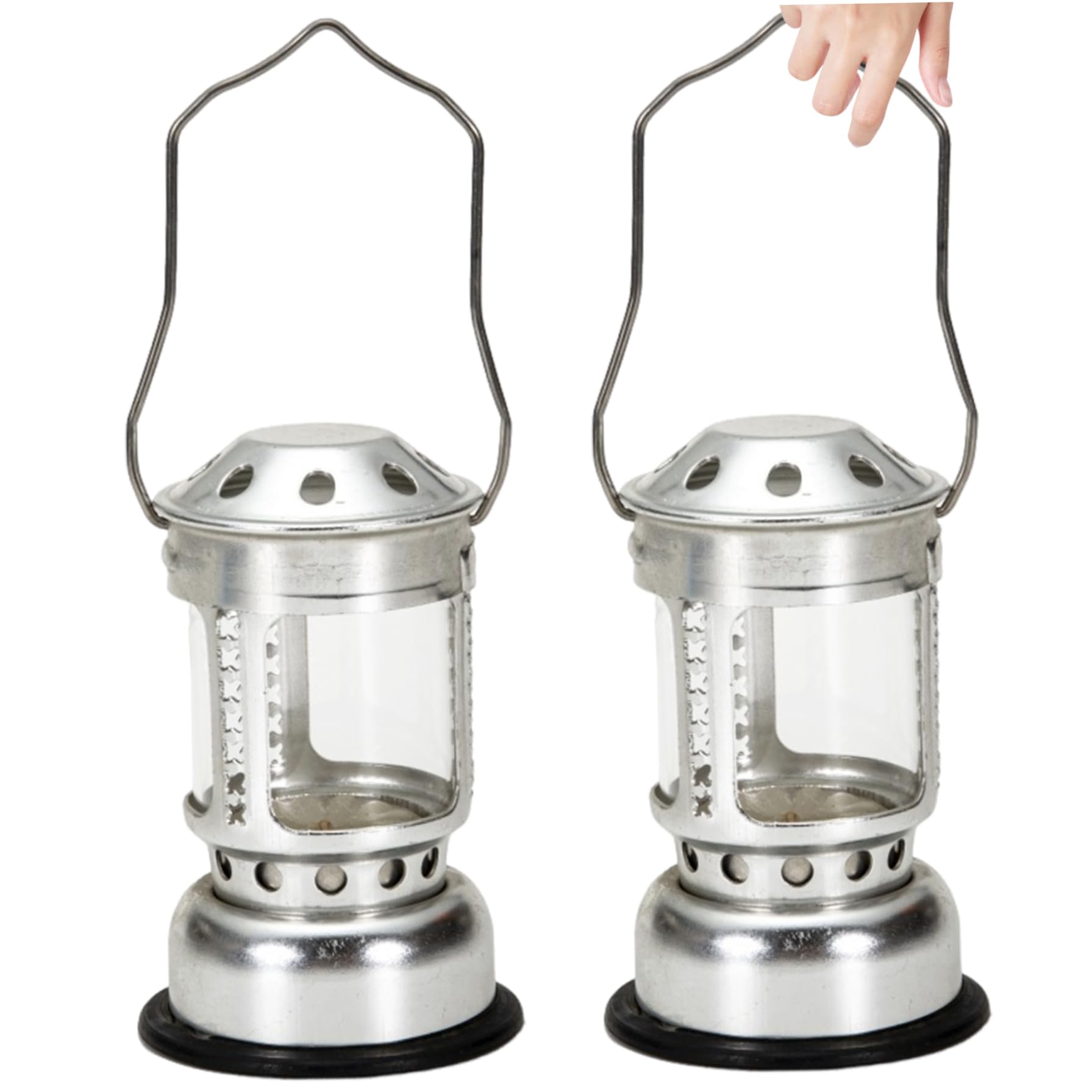 Aetherize 2Pcs Candle Lantern 4.3x2.7 Portable Rustic Style Camping Lantern Silver with Handle Aluminum Alloy Windproof Candle Lamp for Camping Lights & Lanterns