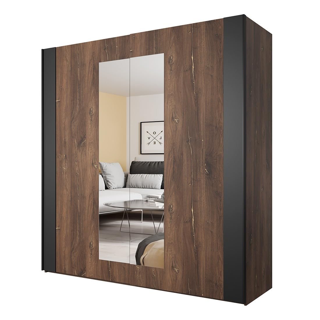 Meublorama Conjunto Completo de Dormitorio Fox – Armario de 200 cm, Cama de 180x200 con somier Incluido, Cómoda, Mesitas de Noche – Roble Oscuro