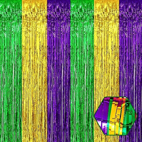 Image of 6 Pack Gold Green Purple Foil Fringe Curtain Backdrop, 3.28Ft x 8.2Ft Metallic Tinsel Foil Fringe Streamer Curtains for Photo Booth, Christmas Day, Thanksgiving, Wedding, New Year Party Decorations