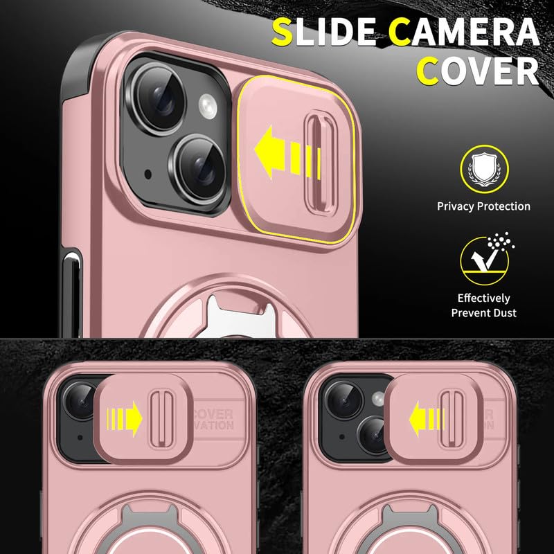 Image of LuxuryKase Shockproof Rugged Case for iPhone 15 | Slide Camera Cover | 360 Rotating Ring Kickstand | Military-Grade Protection - Rose Pink