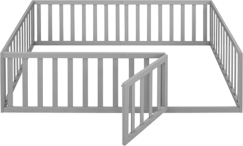 Miniatura 22 de Harper & Bright Designs Cama de suelo tamaño Queen con barandillas de seguridad y puerta, marco de madera para niñas/niños, cama Montessori para
