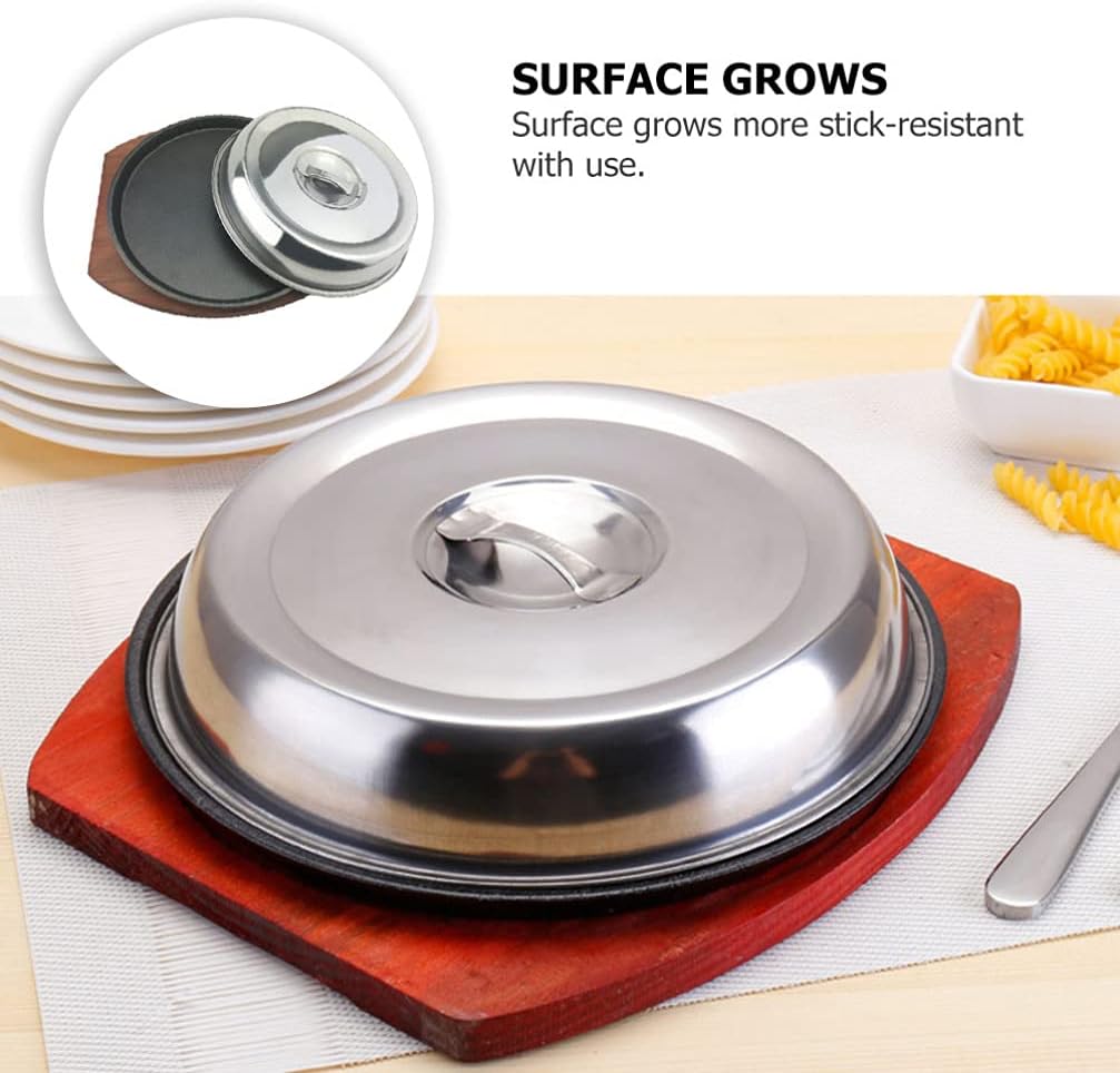 Skillet with Cast Iron Round - Small Cast Iron Skillet Sizzling Plate Fajita Plate Sizzling Pan for Easy Serving Cleaning, BBQ Included Wood Base