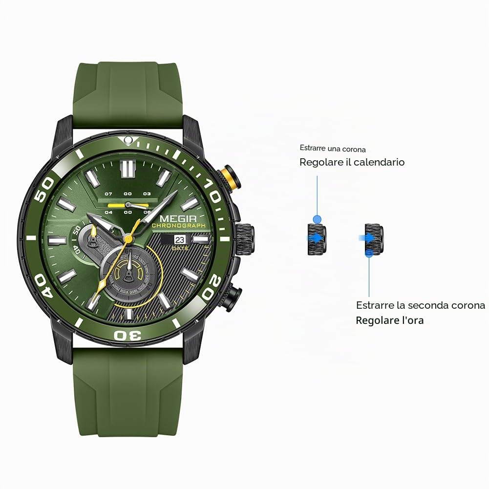 MEGIR Orologio sportivo da uomo, analogico, al quarzo, cronografo, militare, luminoso, con cinturino in silicone, 2224G, Verde, Militare