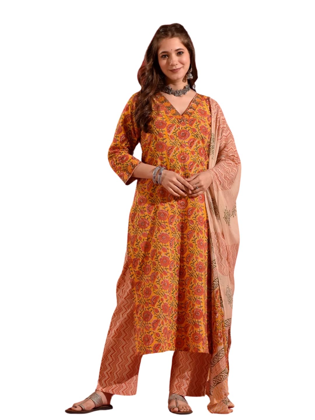 Nainvish Women's Rayon Printed Straight V-Neck Kurta Pant With Dupatta (Sd689_Kbd-Xxl_Yellow)