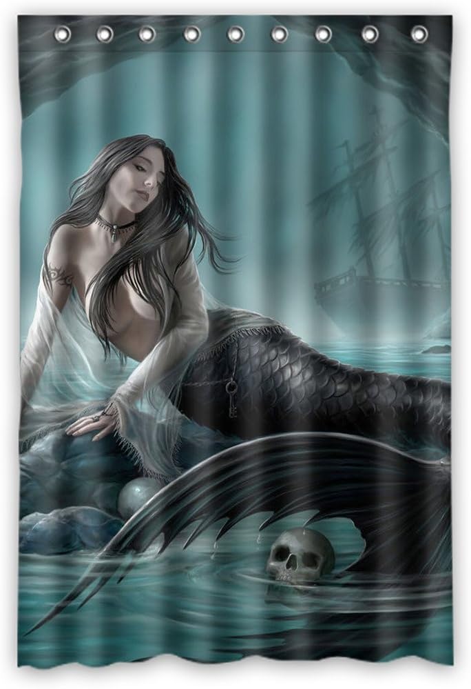 Custom Skull Green Mermaid Waterproof Polyester Shower Curtain and Hooks Size 48"x72"