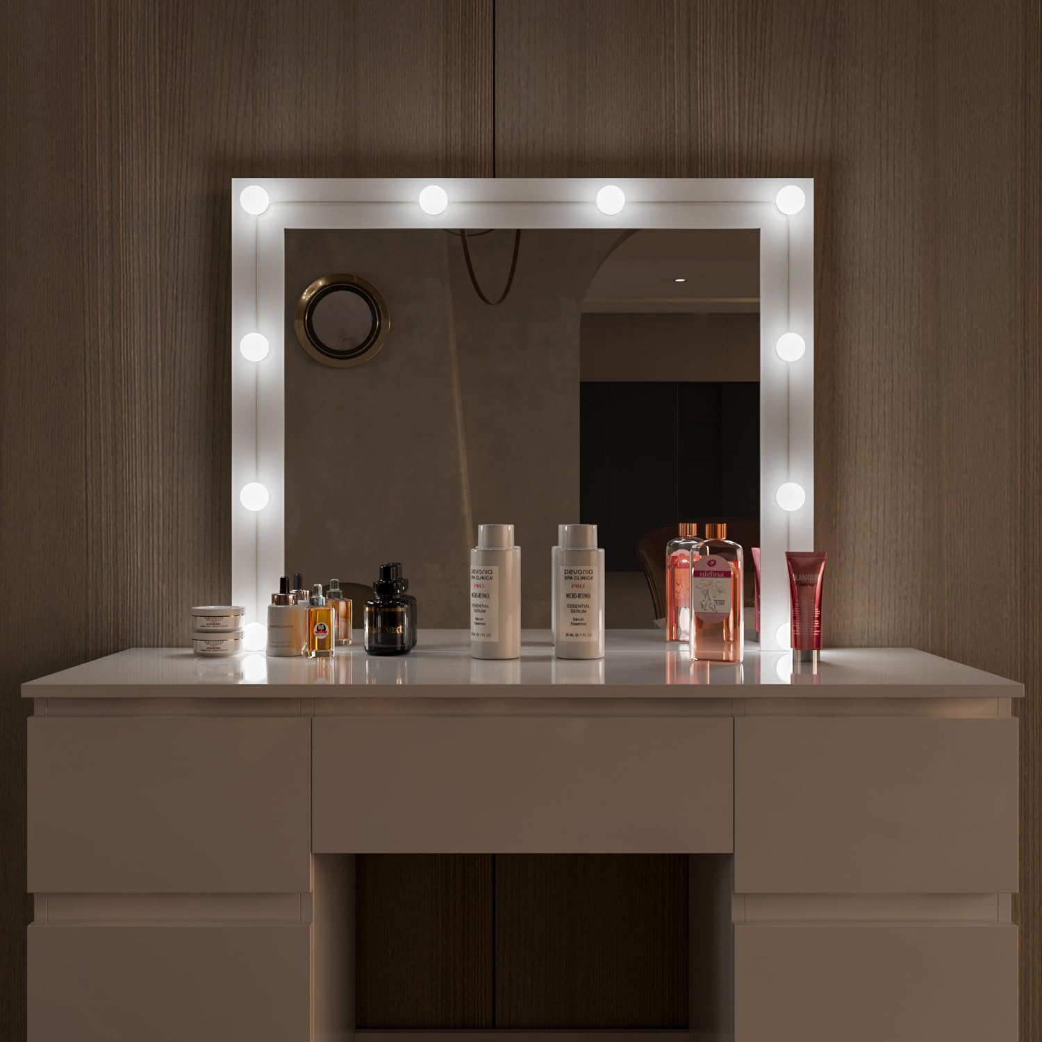 Arreditaly Toeletta Tavolino Da Trucco Tavolo Con 10 Luci LED Luminosità Regolabile Specchio Orizzontale Con 7 Cassetti Postazione Make Up In Legno Design Moderno 39.5 x 110 x 140.5 Cm Bianco