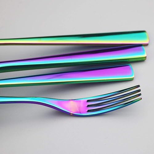 Miniatura 3 de JASHII Juego de cubiertos modernos de 20 piezas, acero inoxidable arcoíris con borde cuadrado, servicio para 4, pulido espejo y apto para