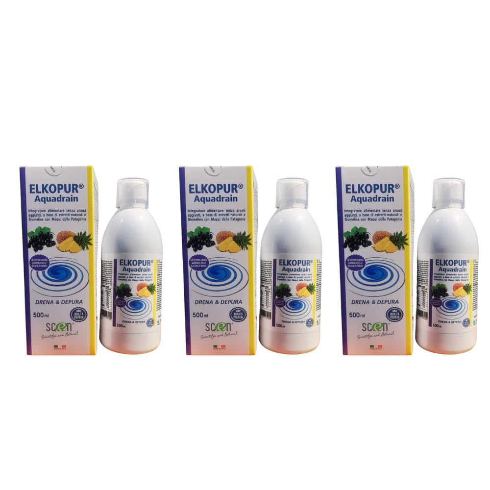 Elkopur Aquadrain – Drenante Liquido con Tarassaco, Orthosiphon, Betulla, Cardo Mariano e Maqui della Patagonia, Estratti Vegetali Selezionati, 3×500 ml, Made in Italy