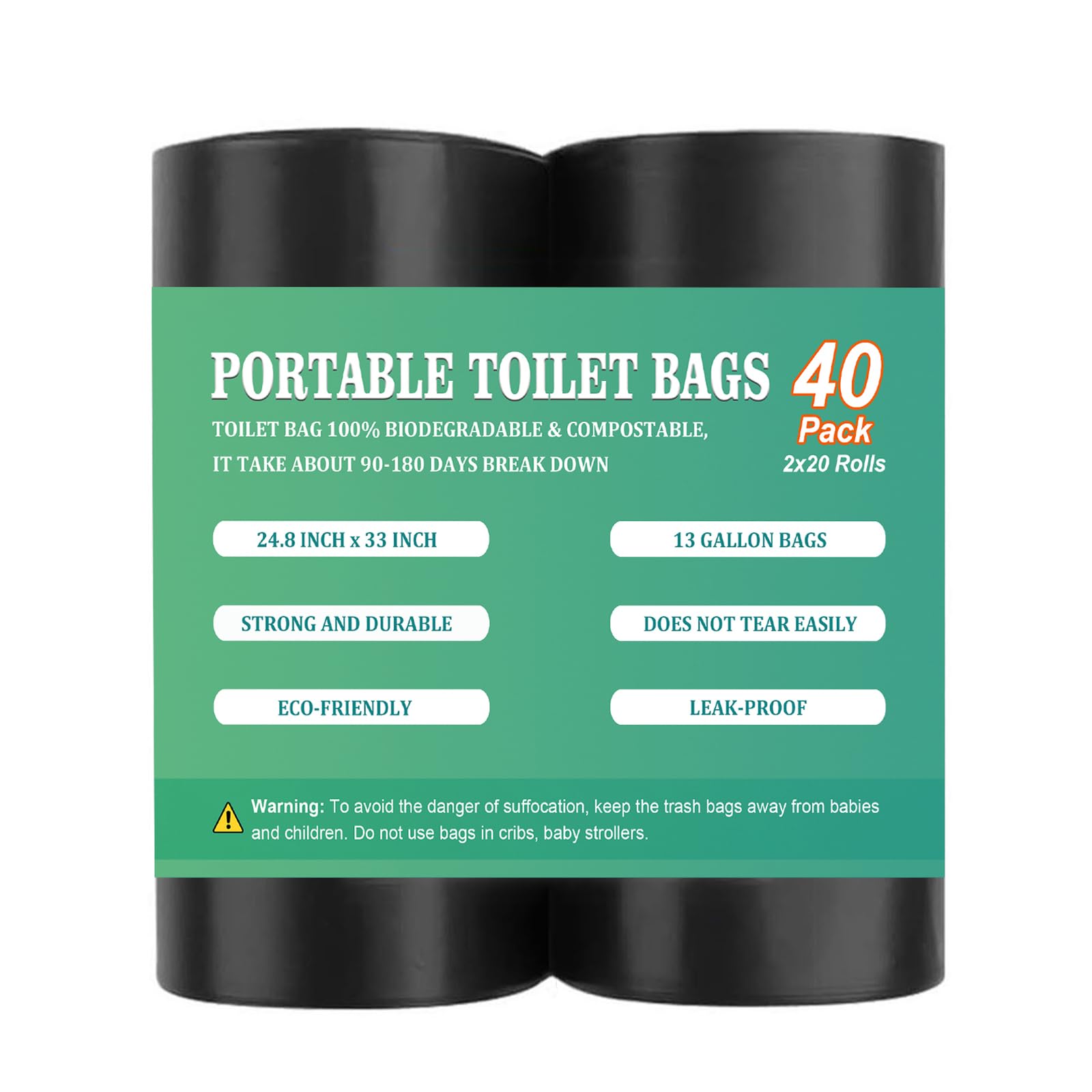 40PCS 13 Gallon Portable Toilet Bags for Camping, Biodegradable Trash bags - 1.2 Mill Thick Compostable Bag, Camping Poop Bag for Trash Lawn, Leaf Yard