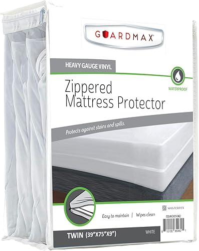 Guardmax Funda de colchón de vinilo resistente con cremallera tamaño individual, protector de colchón impermeable y transpirable, ropa de cama