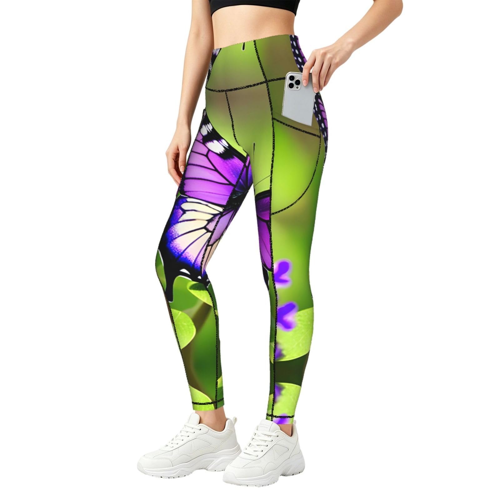 Ropa de gimnasio con mariposas moradas y mallas control de abdomen 8