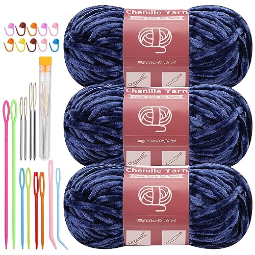 Image of LUNARM Chenille Yarn 3 Pack 3.5oz Chunky Blanket Velvet Yarn 263 Yard | Dark Blue Chunky Chenille Yarn for Beginners Crocheting Hand Knitting Scarves with Big Eye Needles Machine Washable