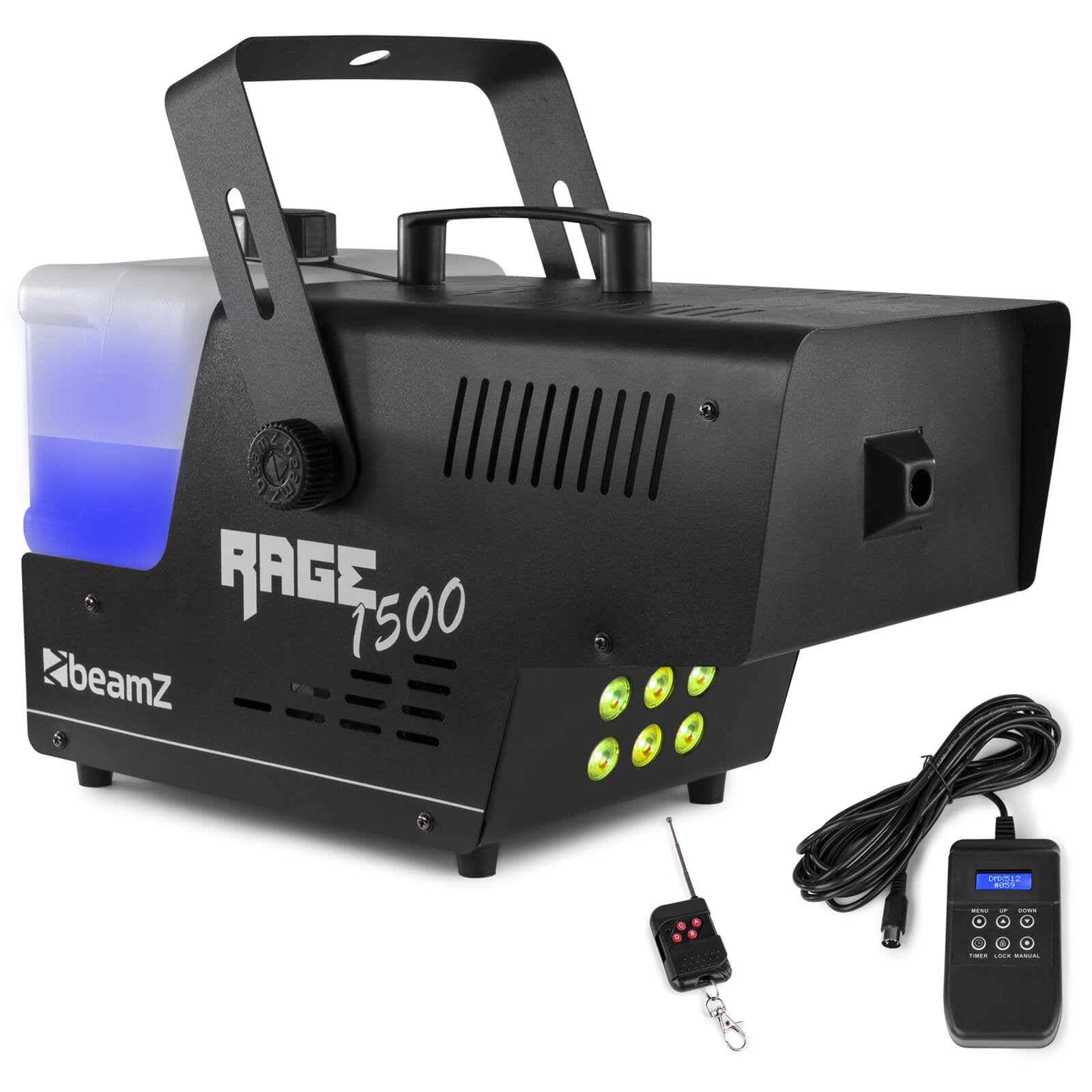 beamZ Rage 1500 - Macchina del Fumo LED, 1500 Watt, 6 x LED RGB 3-in-1 da 9W, Potenza Fumo: 350 m³/min, Serbatoio da 3,5 L con Illuminazione a LED, Comando DMX a 6 Canali, Controller con Timer, Nero