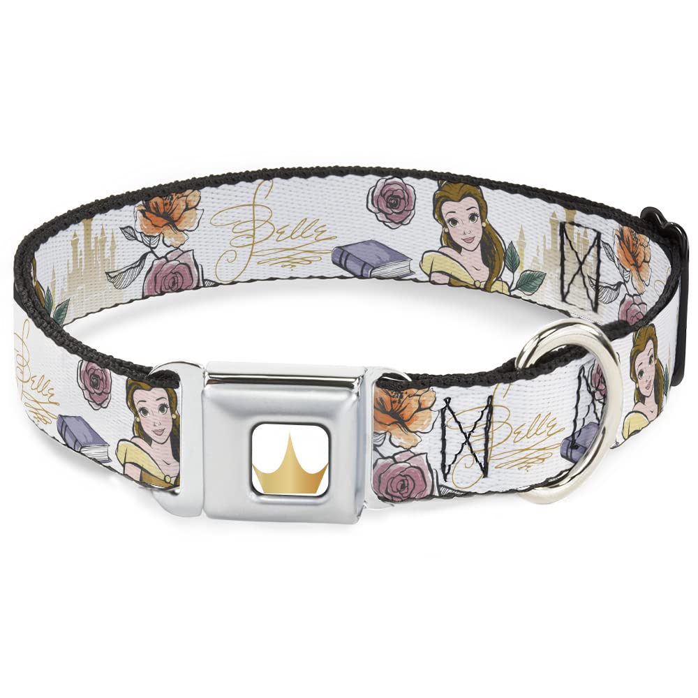 Dog Collar Seatbelt Buckle Beauty and The Beast Belle Pose with Script and Flowers White 11 to 16.5 Inches 1.0 Inch Wide