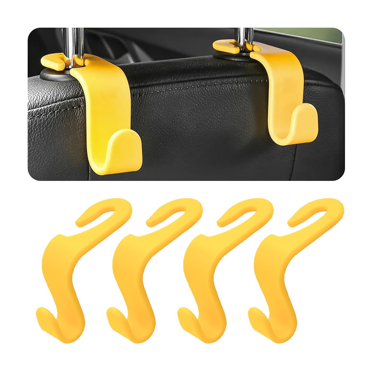 4 Pack Car Seat Headrest Hooks for Vehicle Seats, Yellow