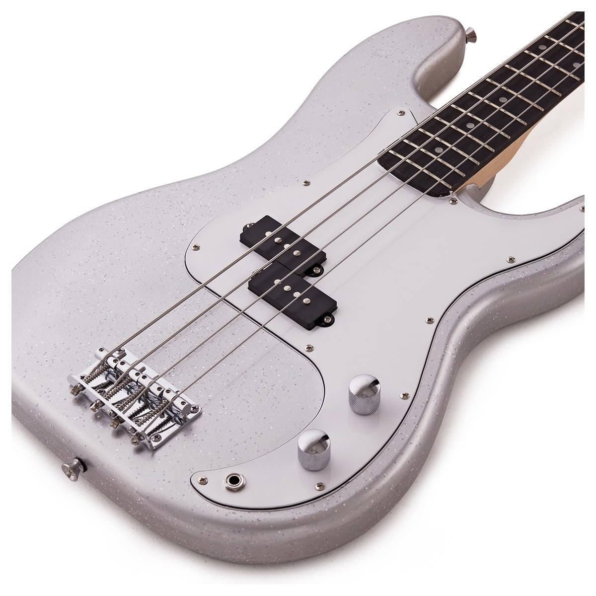 LA Bassgitarre + 15W Verstärker-Paket, Silver Flake | Perfekter Bass für Jüngere Anfänger, Klarer Druckvoller Ton, Leichte Hölzer, 15W-Verstärker und Zubehör Inklusive