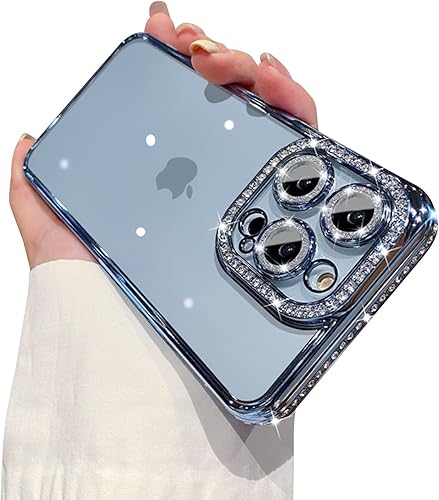 Fycyko Funda compatible con iPhone 12 Pro con protector de cámara de diamantes con purpurina, bonita funda para teléfono, con cristales