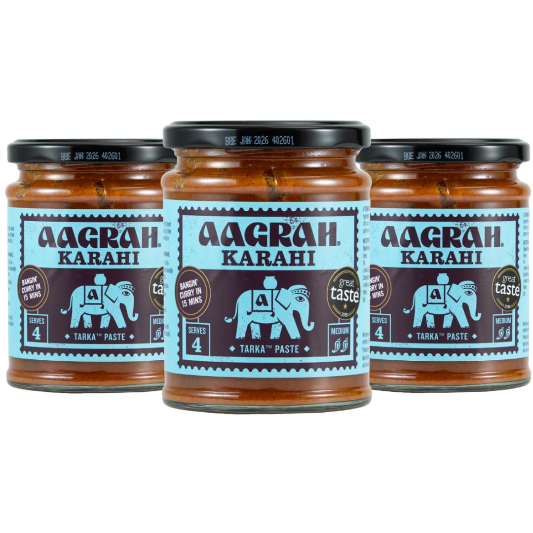 Aagrah Karahi Tarka Indische Curry-Kochsoße – authentische Restaurant-Rezeptbasis – mittel-mild – 270 g Glas für 3–4 – 3 Stück