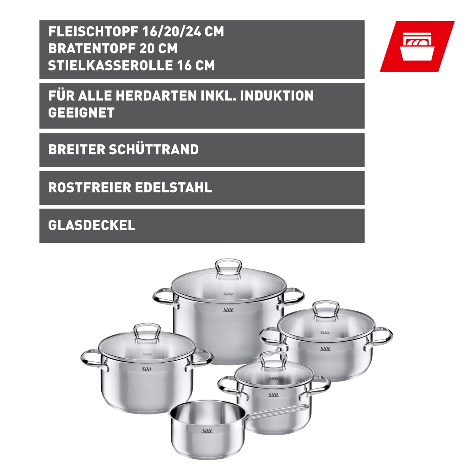 Silit Toskana Topfset Induktion 5-teilig, Edelstahl teilmattiert, Induktions Töpfe Set unbeschichtet mit Glasdeckel, für alle Herdarten geeignet, ohne Innenskalierung, spülmaschinengeeignet